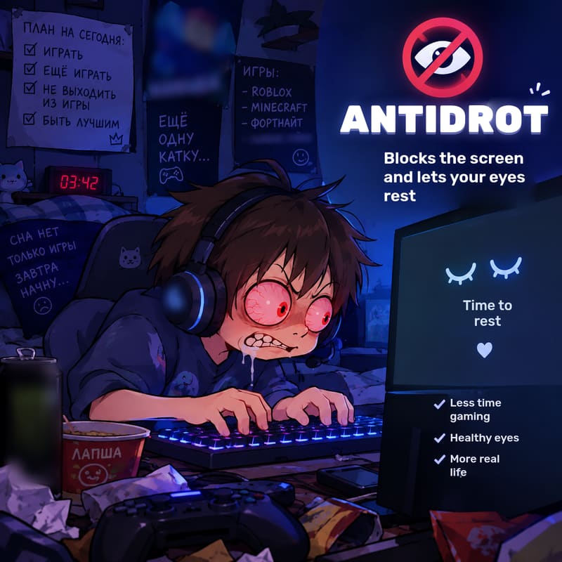 A kid with red, tired eyes from gaming and the Antidrot monitor saying “Time to rest”